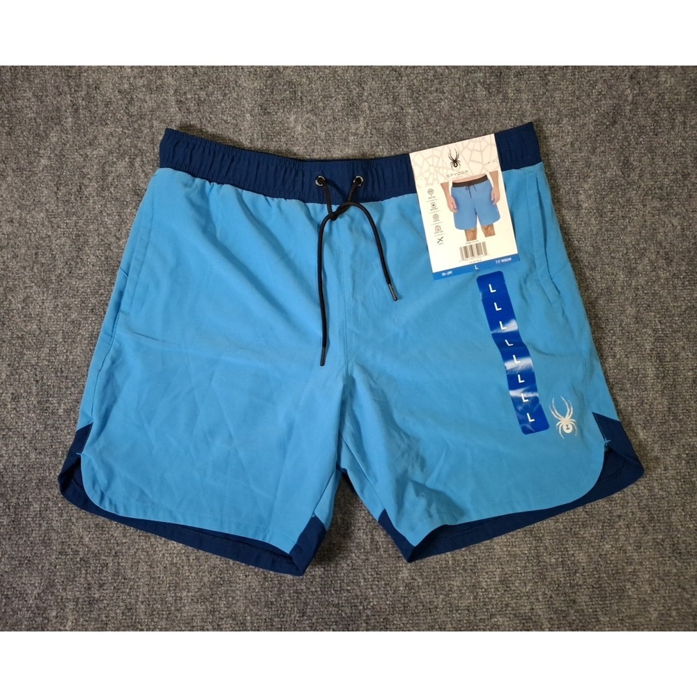 Spyder Mens Swim Trunks Blue, Lined Drawstring Shorts 7.5” Inseam, Large, New